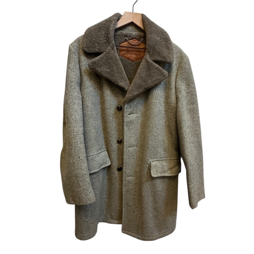 Woolrich VTG Herringbone Wool Coat Heavy Peacoat L Sz 40 Sherpa Lined Green Gray